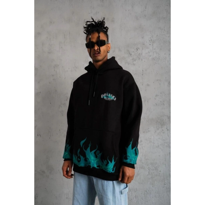 Erkek 3 İplik Pamuklu Alev Baskılı Kapüşonlu hoodie Sweatshirt - Siyah