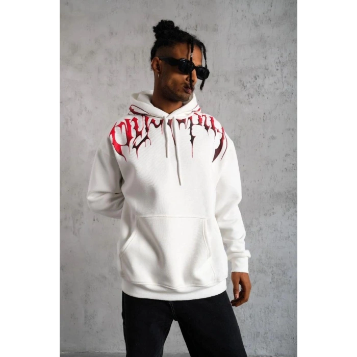 Erkek 3 İplik Pamuklu Baskılı Kapüşonlu Cepli Sweatshirt Hoodie - Beyaz