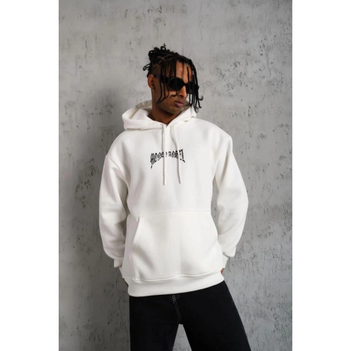 Erkek 3 İplik Pamuklu Baskılı Kapüşonlu Cepli Sweatshirt Hoodie - Beyaz