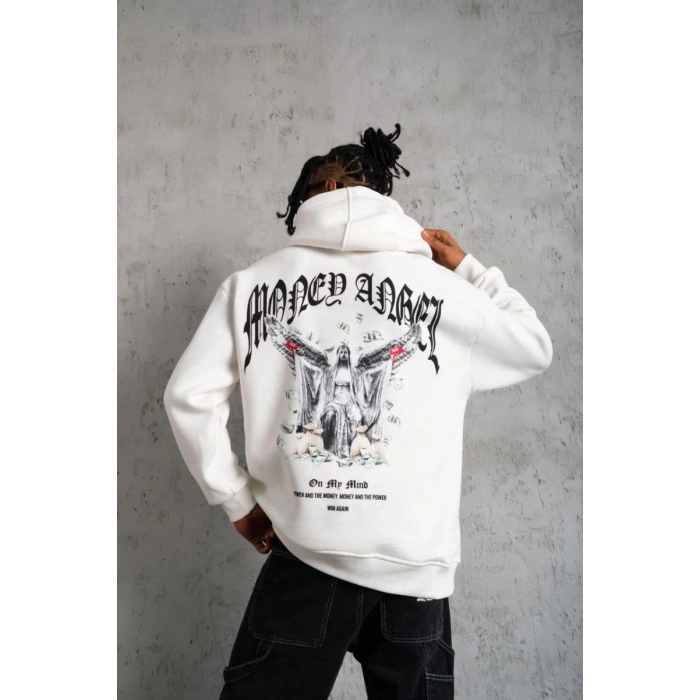 Erkek 3 İplik Pamuklu Baskılı Kapüşonlu Cepli Sweatshirt Hoodie - Beyaz