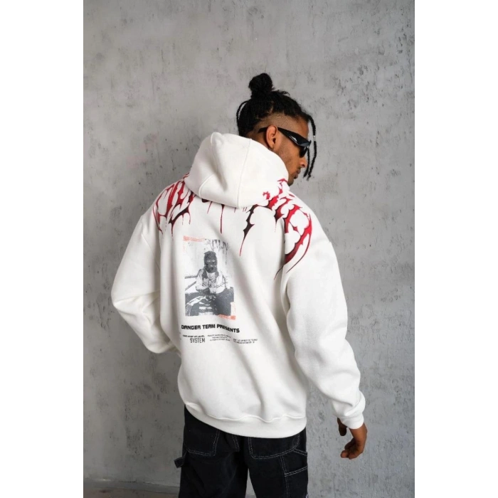 Erkek 3 İplik Pamuklu Baskılı Kapüşonlu Cepli Sweatshirt Hoodie - Beyaz