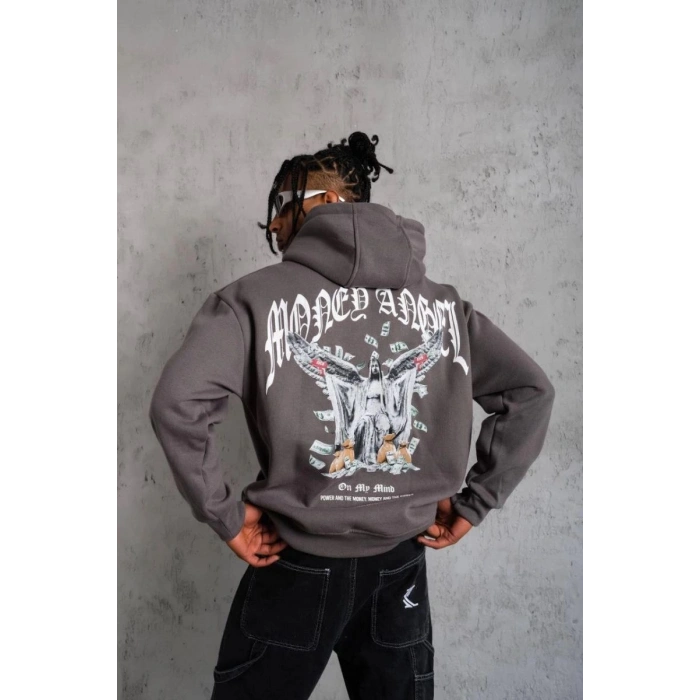 Erkek 3 İplik Pamuklu Baskılı Kapüşonlu Cepli Sweatshirt Hoodie - Füme