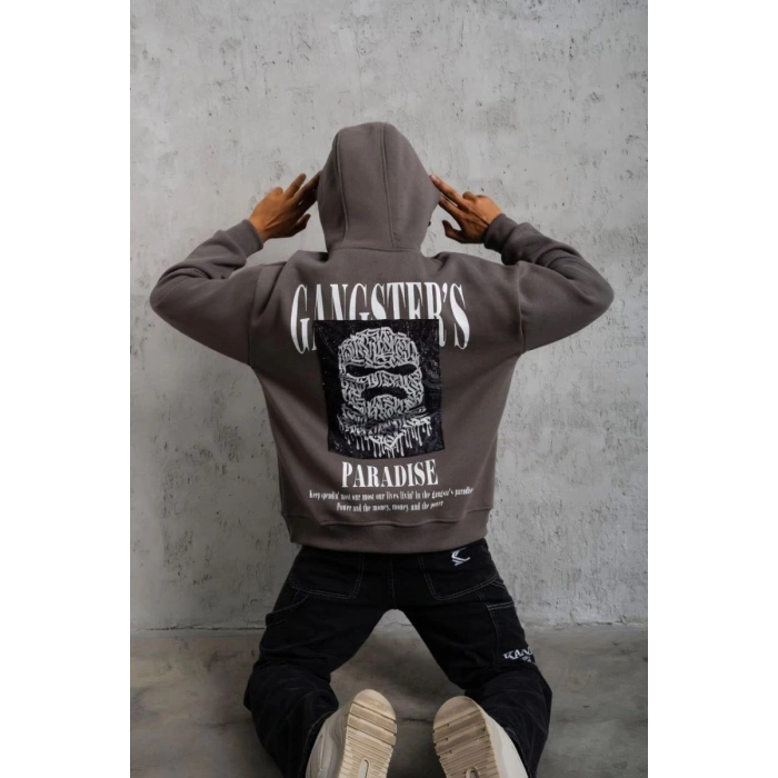 Erkek 3 İplik Pamuklu Baskılı Kapüşonlu Cepli Sweatshirt Hoodie - Gri