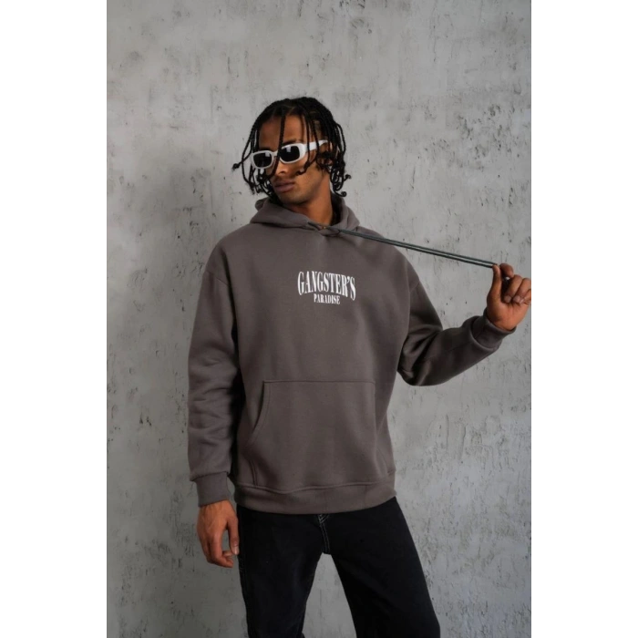 Erkek 3 İplik Pamuklu Baskılı Kapüşonlu Cepli Sweatshirt Hoodie - Gri