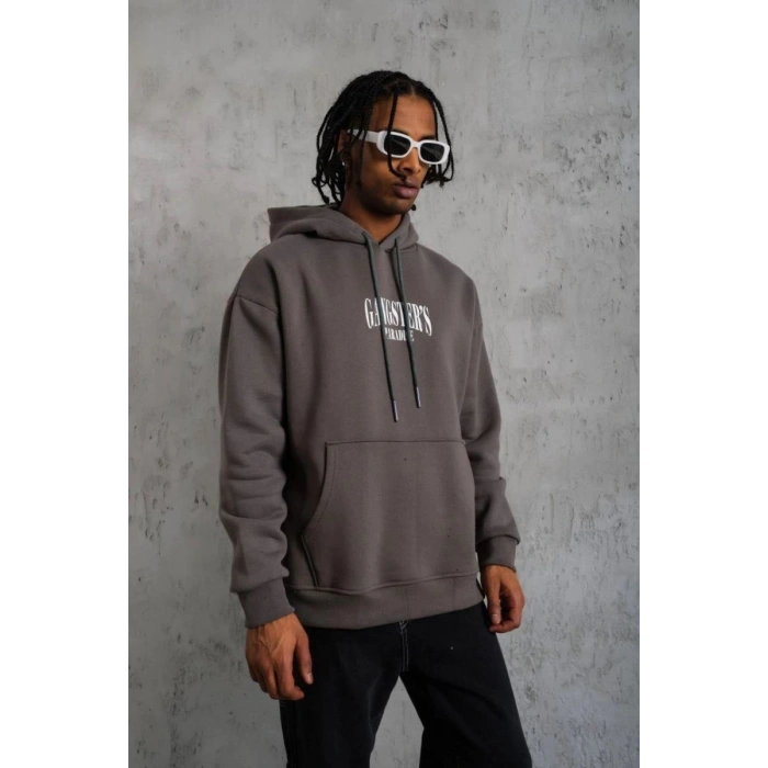 Erkek 3 İplik Pamuklu Baskılı Kapüşonlu Cepli Sweatshirt Hoodie - Gri