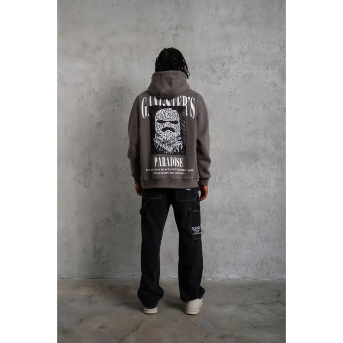 Erkek 3 İplik Pamuklu Baskılı Kapüşonlu Cepli Sweatshirt Hoodie - Gri