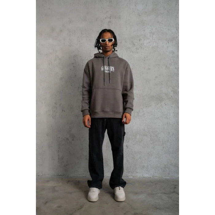 Erkek 3 İplik Pamuklu Baskılı Kapüşonlu Cepli Sweatshirt Hoodie - Gri