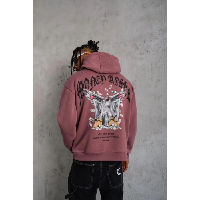 Erkek 3 İplik Pamuklu Baskılı Kapüşonlu Cepli Sweatshirt Hoodie - Gül Kurusu