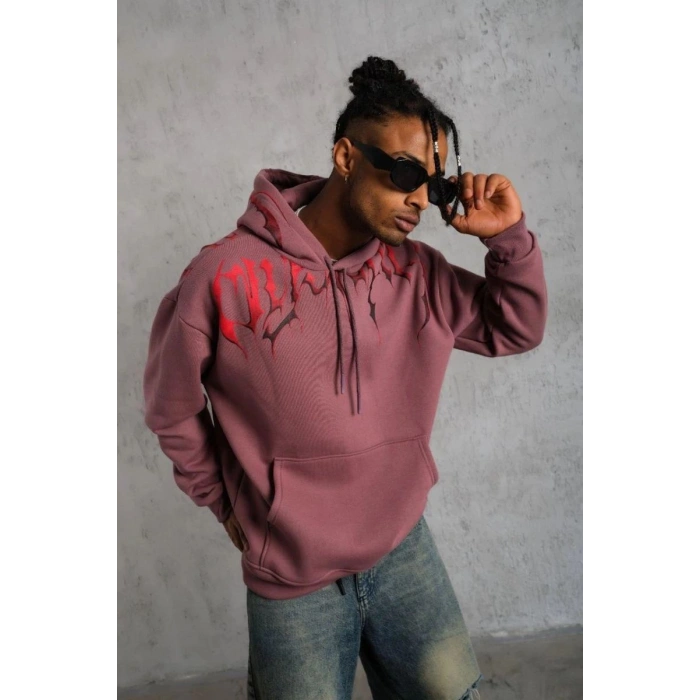 Erkek 3 İplik Pamuklu Baskılı Kapüşonlu Cepli Sweatshirt Hoodie - Gül Kurusu