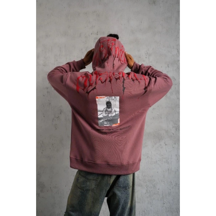 Erkek 3 İplik Pamuklu Baskılı Kapüşonlu Cepli Sweatshirt Hoodie - Gül Kurusu