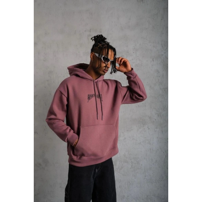 Erkek 3 İplik Pamuklu Baskılı Kapüşonlu Cepli Sweatshirt Hoodie - Gül Kurusu