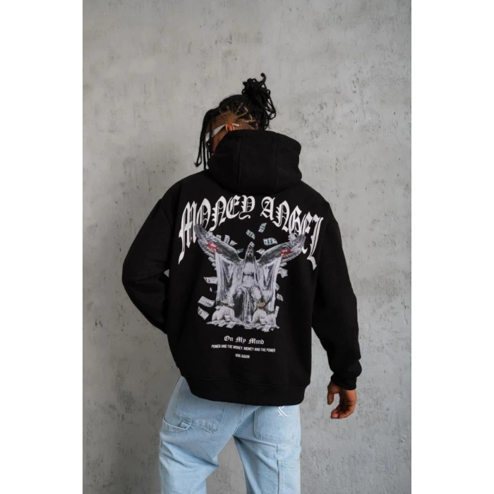 Erkek 3 İplik Pamuklu Baskılı Kapüşonlu Cepli Sweatshirt Hoodie - Siyah