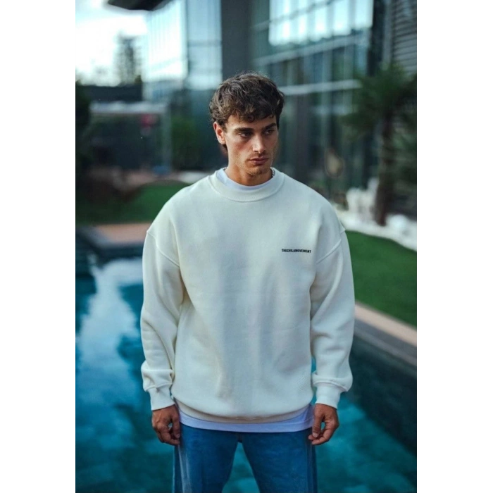 Erkek 3 iplik pamuklu Bisiklet Yaka Baskılı SweatShirt - Beyaz