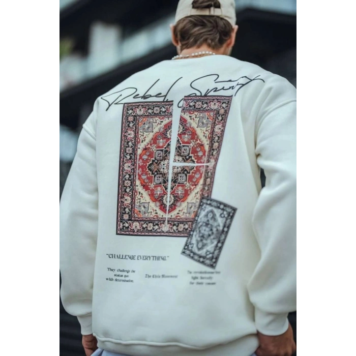 Erkek 3 iplik pamuklu Bisiklet Yaka Baskılı SweatShirt - Beyaz