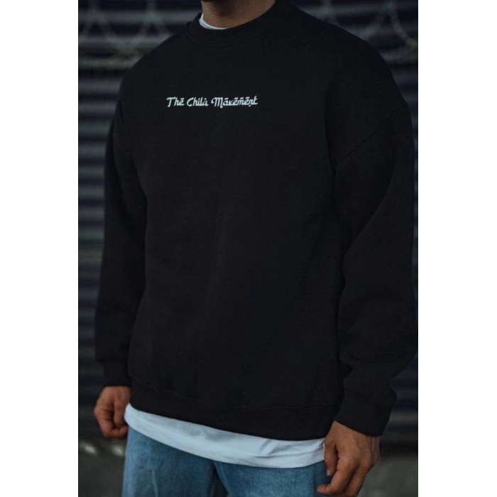 Erkek 3 iplik Pamuklu Bisiklet Yaka Baskılı SweatShirt - Siyah