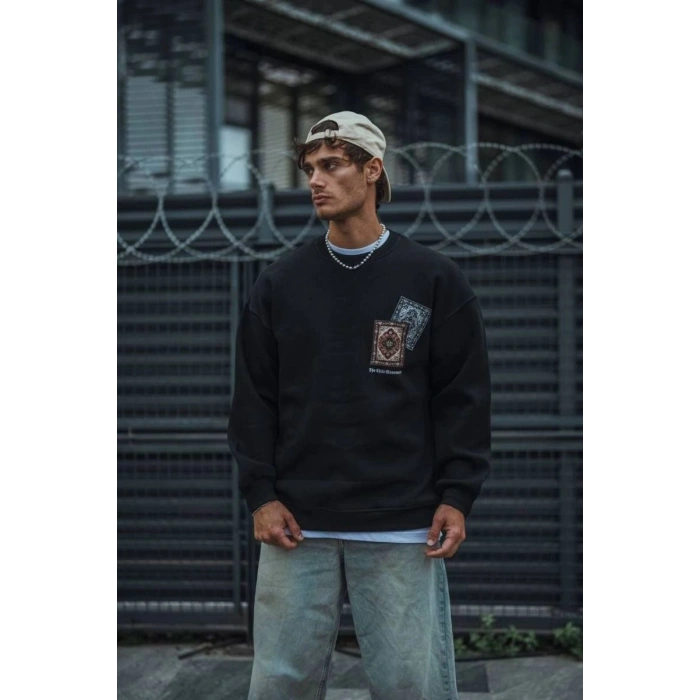 Erkek 3 iplik Pamuklu Bisiklet Yaka Baskılı SweatShirt - Siyah