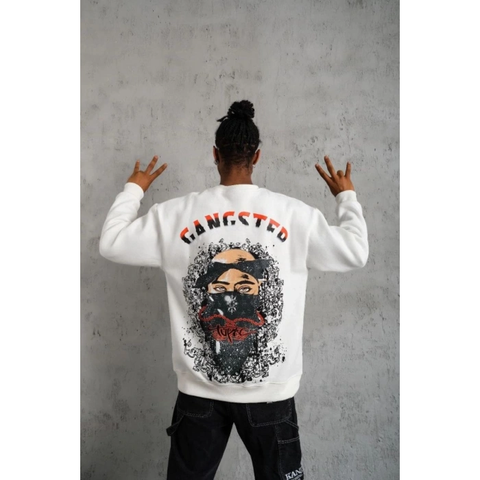 Erkek 3 İplik Pamuklu Bisiklet Yaka Gangster Baskılı Sweatshirt - Beyaz