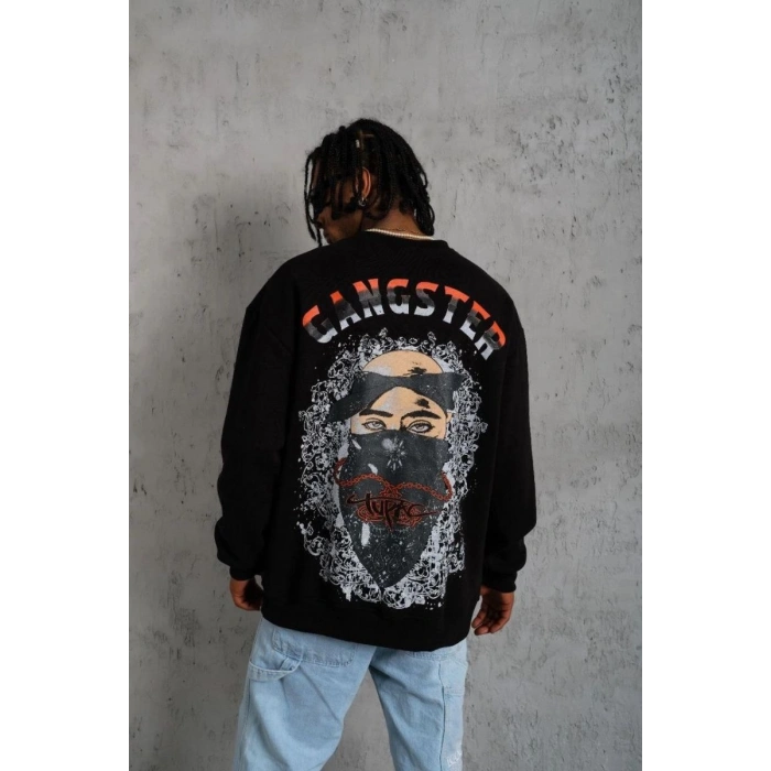 Erkek 3 İplik Pamuklu Bisiklet Yaka Gangster Baskılı Sweatshirt - Siyah