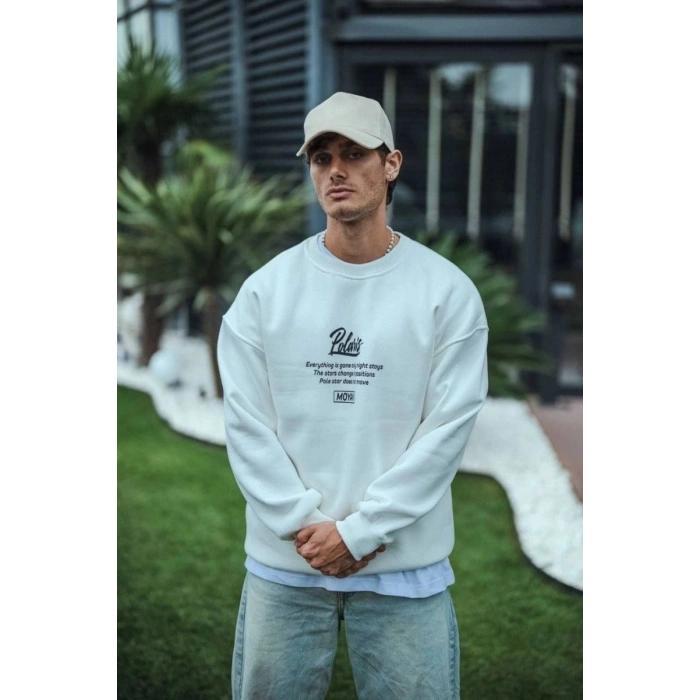 Erkek 3 iplik pamuklu Bisiklet Yaka Ön Ve Arka Baskılı SweatShirt - Beyaz