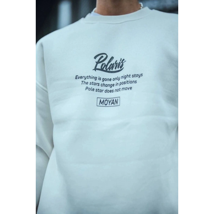 Erkek 3 iplik pamuklu Bisiklet Yaka Ön Ve Arka Baskılı SweatShirt - Beyaz