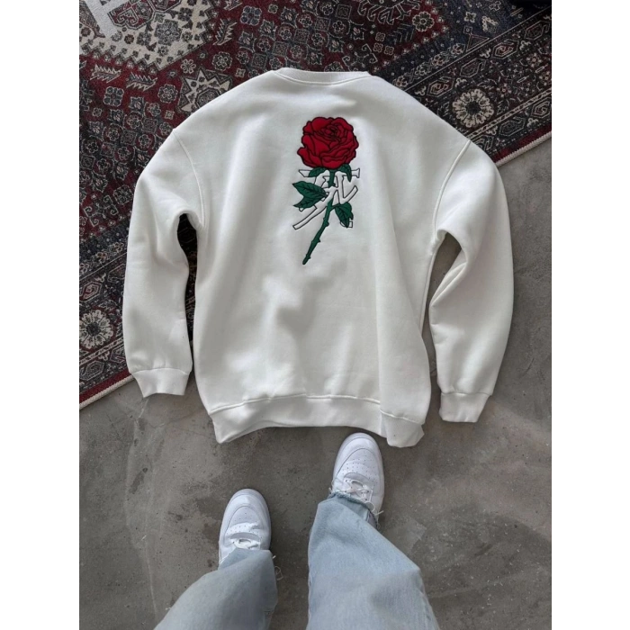 ERKEK 3 iplik Pamuklu Bisiklet Yaka Ön Ve Arka Baskılı SweatShirt -  Beyaz