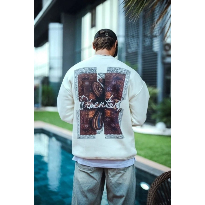 Erkek 3 iplik pamuklu Bisiklet Yaka Ön ve Arka Baskılı SweatShirt - Beyaz