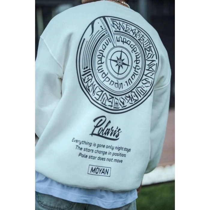 Erkek 3 iplik pamuklu Bisiklet Yaka Ön Ve Arka Baskılı SweatShirt - Beyaz
