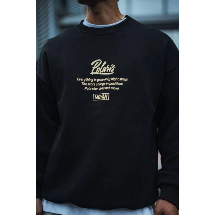 Erkek 3 iplik pamuklu Bisiklet Yaka Ön Ve Arka Baskılı SweatShirt - Siyah