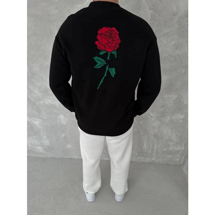 ERKEK 3 iplik Pamuklu Bisiklet Yaka Ön Ve Arka Baskılı SweatShirt - Siyah