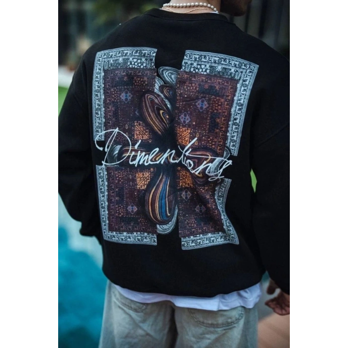 Erkek 3 iplik pamuklu Bisiklet Yaka Ön ve Arka Baskılı SweatShirt - Siyah