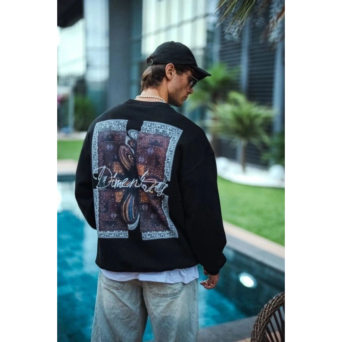 Erkek 3 iplik pamuklu Bisiklet Yaka Ön ve Arka Baskılı SweatShirt - Siyah