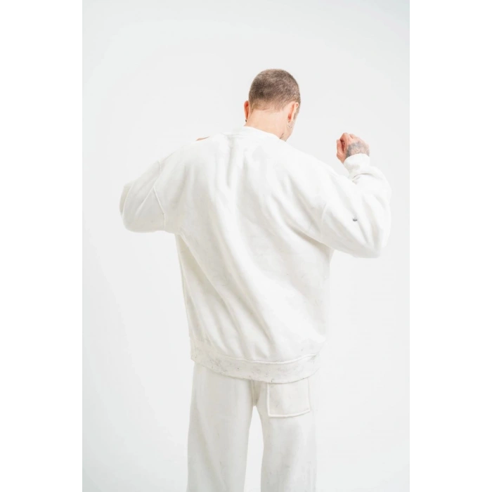 ERKEK 3 İplik Pamuklu Bisiklet Yaka Yıkamalı SweatShirt - Beyaz