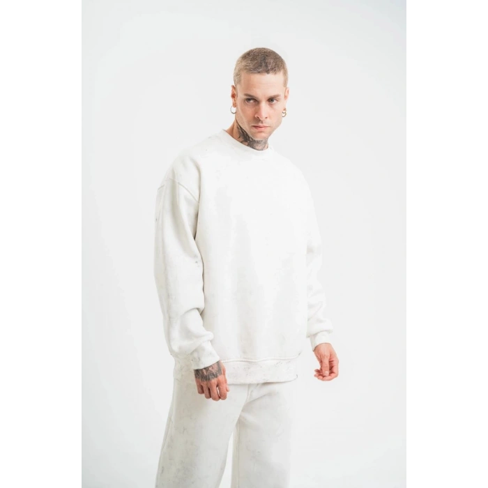 ERKEK 3 İplik Pamuklu Bisiklet Yaka Yıkamalı SweatShirt - Beyaz