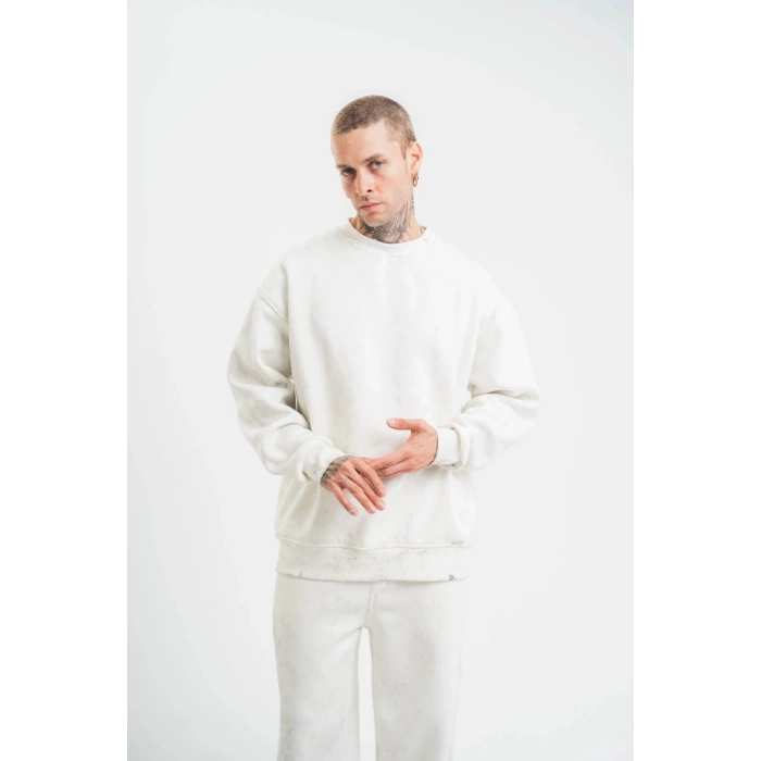 ERKEK 3 İplik Pamuklu Bisiklet Yaka Yıkamalı SweatShirt - Beyaz