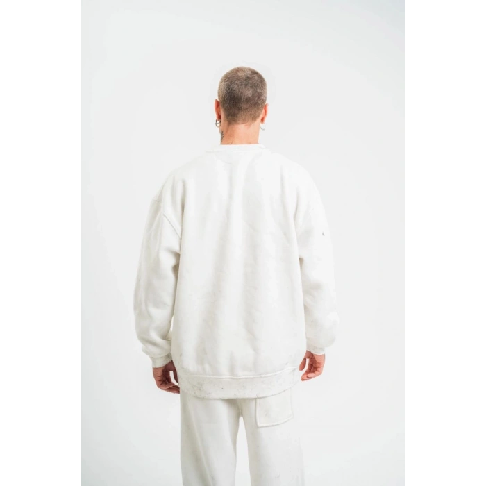 ERKEK 3 İplik Pamuklu Bisiklet Yaka Yıkamalı SweatShirt - Beyaz