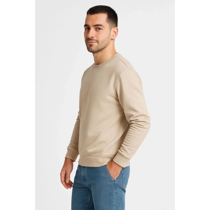 Erkek 3 İplik Pamuklu Düz Bisiklet Yaka SweatShirt - Bej