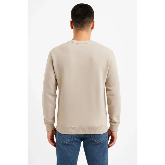 Erkek 3 İplik Pamuklu Düz Bisiklet Yaka SweatShirt - Bej