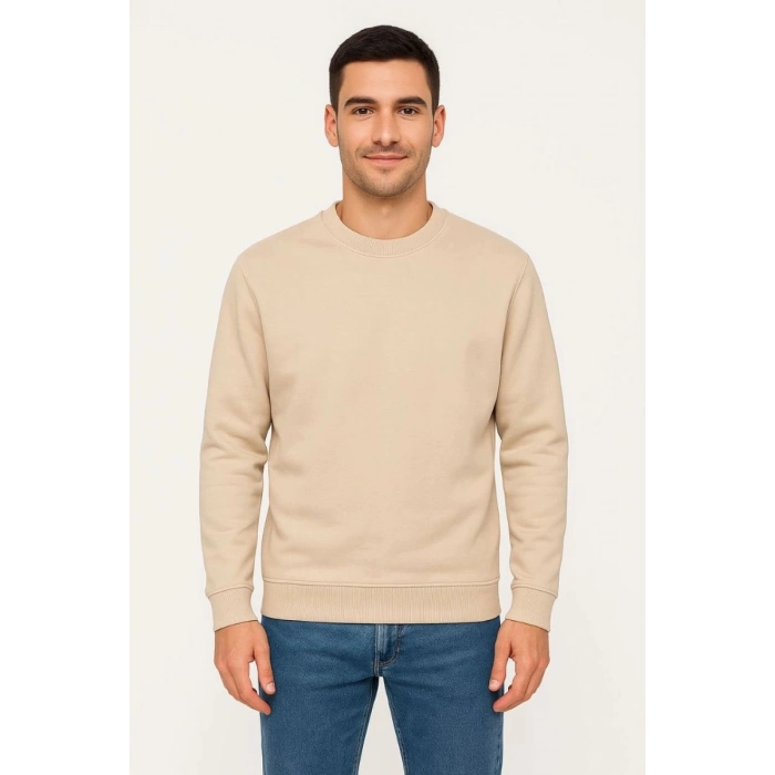 Erkek 3 İplik Pamuklu Düz Bisiklet Yaka SweatShirt - Bej