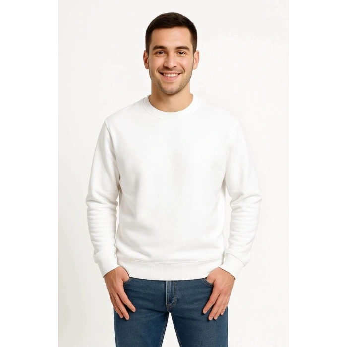 Erkek 3 İplik Pamuklu Düz Bisiklet Yaka SweatShirt - Beyaz