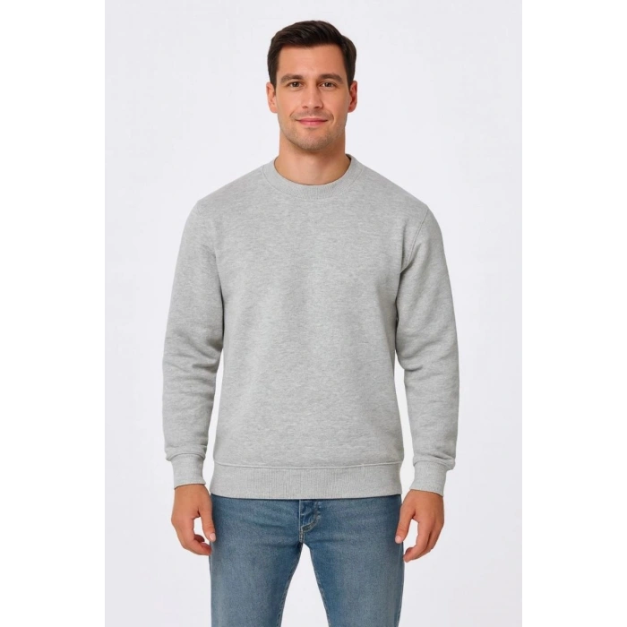 Erkek 3 İplik Pamuklu Düz Bisiklet Yaka SweatShirt - Gri