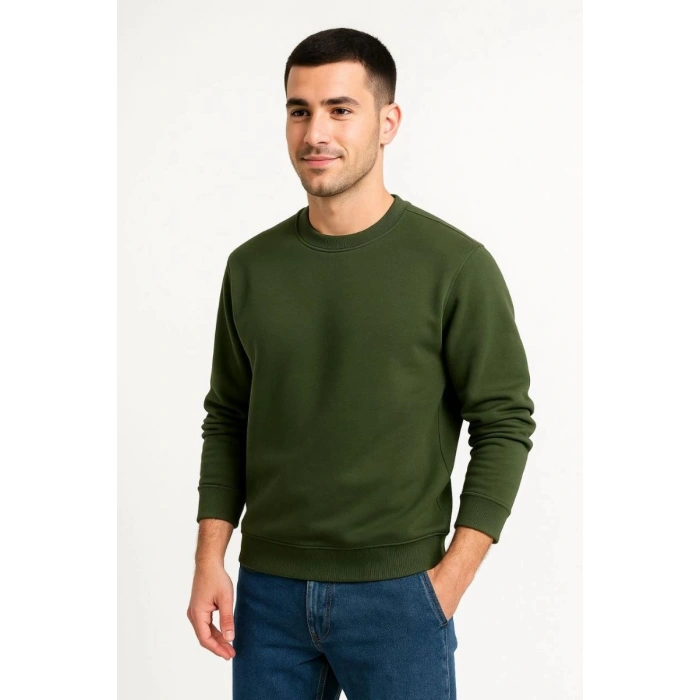 Erkek 3 İplik Pamuklu Düz Bisiklet Yaka SweatShirt - Haki