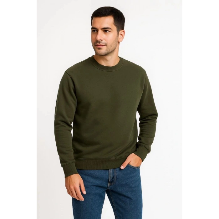 Erkek 3 İplik Pamuklu Düz Bisiklet Yaka SweatShirt - Haki