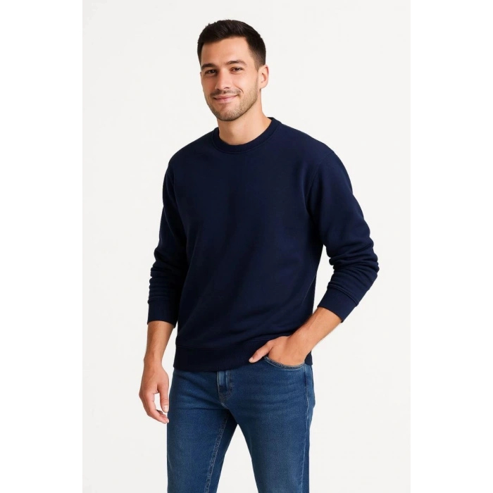 Erkek 3 İplik Pamuklu Düz Bisiklet Yaka SweatShirt - Lacivert