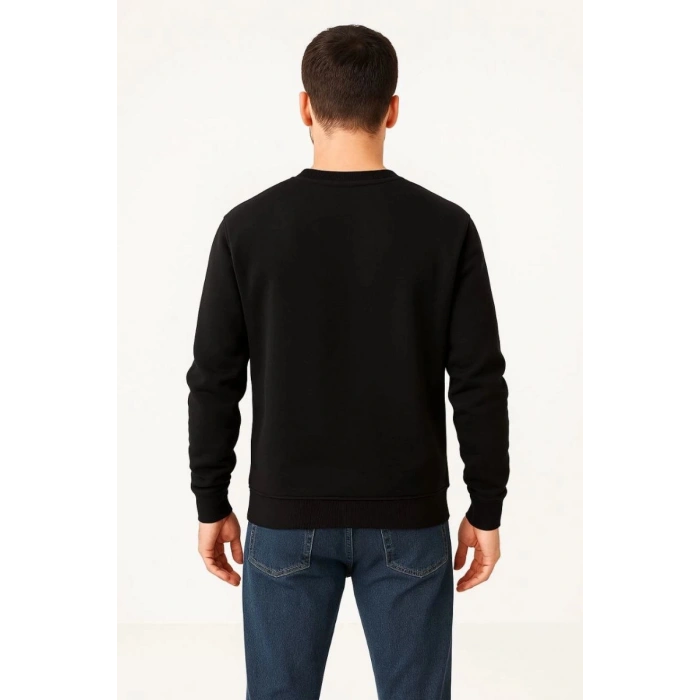 Erkek 3 İplik Pamuklu Düz Bisiklet Yaka SweatShirt - Siyah