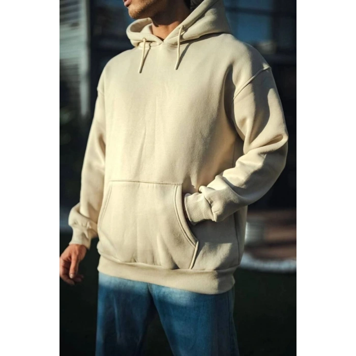 Erkek 3 İplik Pamuklu Kapüşonlu Basic SweatShirt Hoodie - Bej