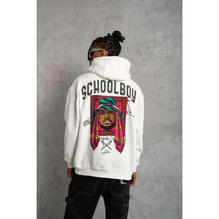 Erkek 3 İplik Pamuklu Kapüşonlu Baskılı Cepli Oversize Sweatshirt Hoodie - Beyaz