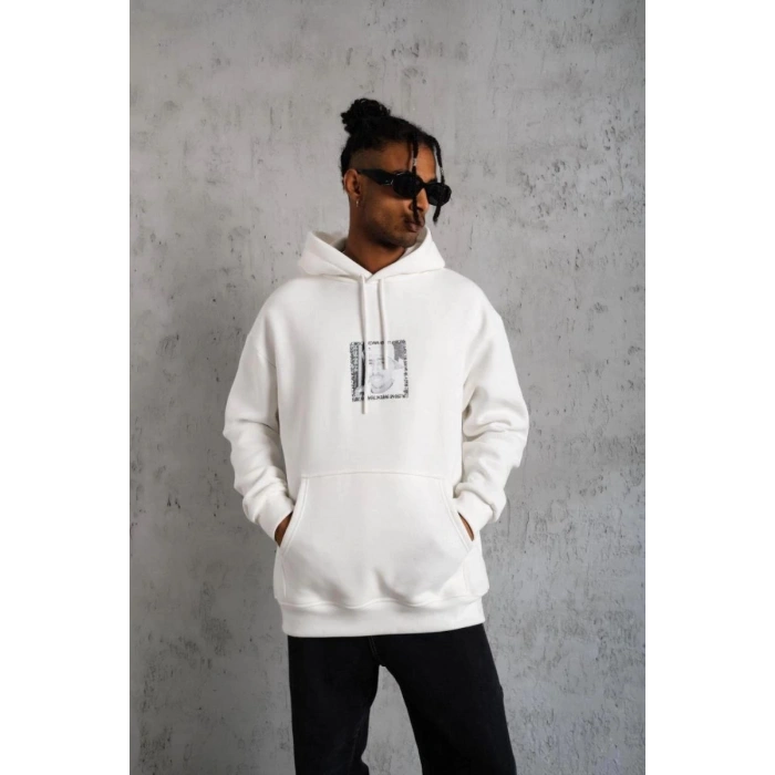 Erkek 3 İplik Pamuklu Kapüşonlu Baskılı Cepli Oversize Sweatshirt Hoodie - Beyaz