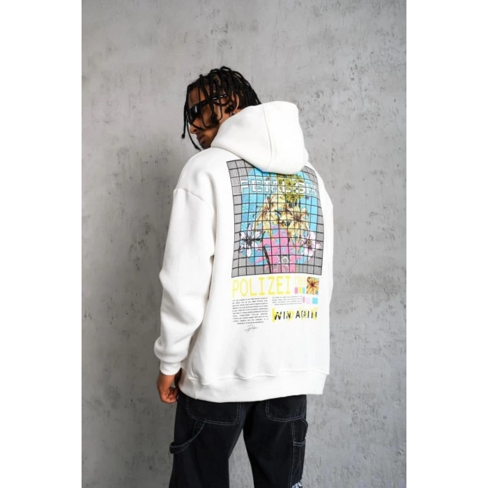 Erkek 3 İplik Pamuklu Kapüşonlu Baskılı Cepli Oversize Sweatshirt Hoodie - Beyaz