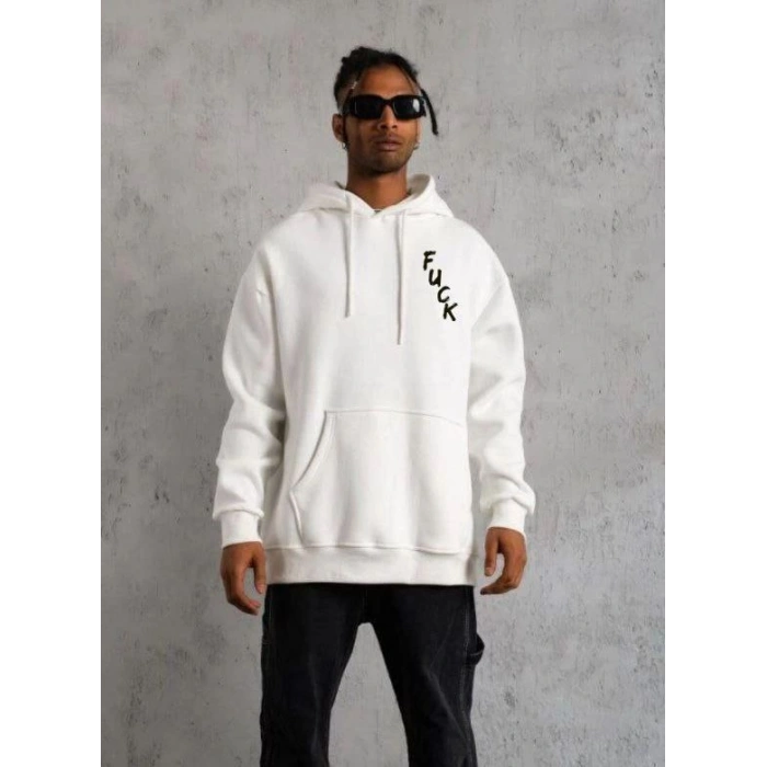 Erkek 3 İplik Pamuklu Kapüşonlu Baskılı Cepli Oversize Sweatshirt Hoodie - Beyaz