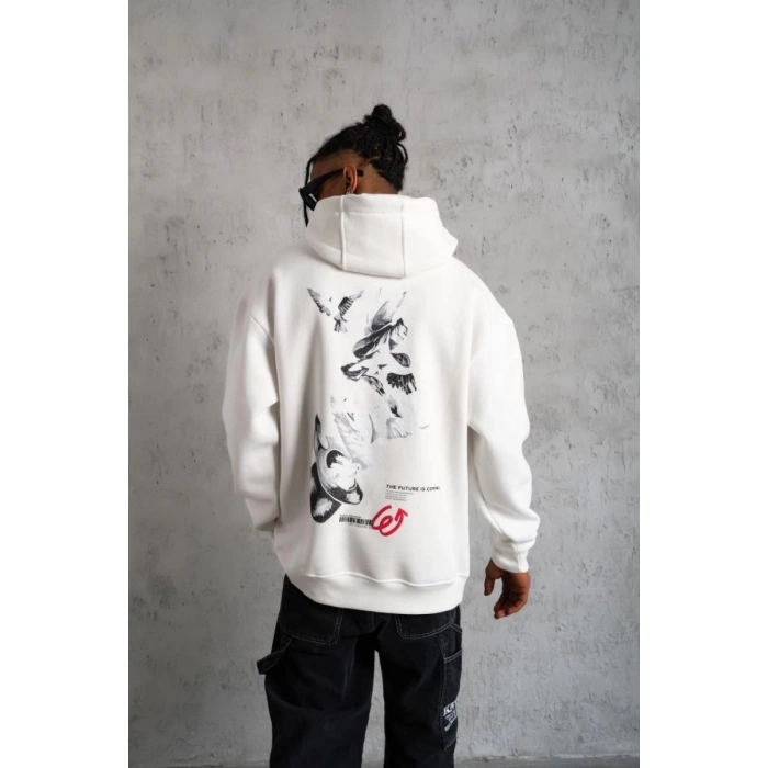 Erkek 3 İplik Pamuklu Kapüşonlu Baskılı Cepli Oversize Sweatshirt Hoodie - Beyaz